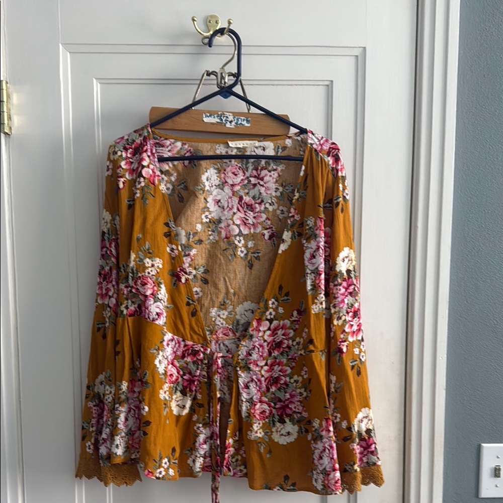Floral Kimono Cardigan with Lace Trim